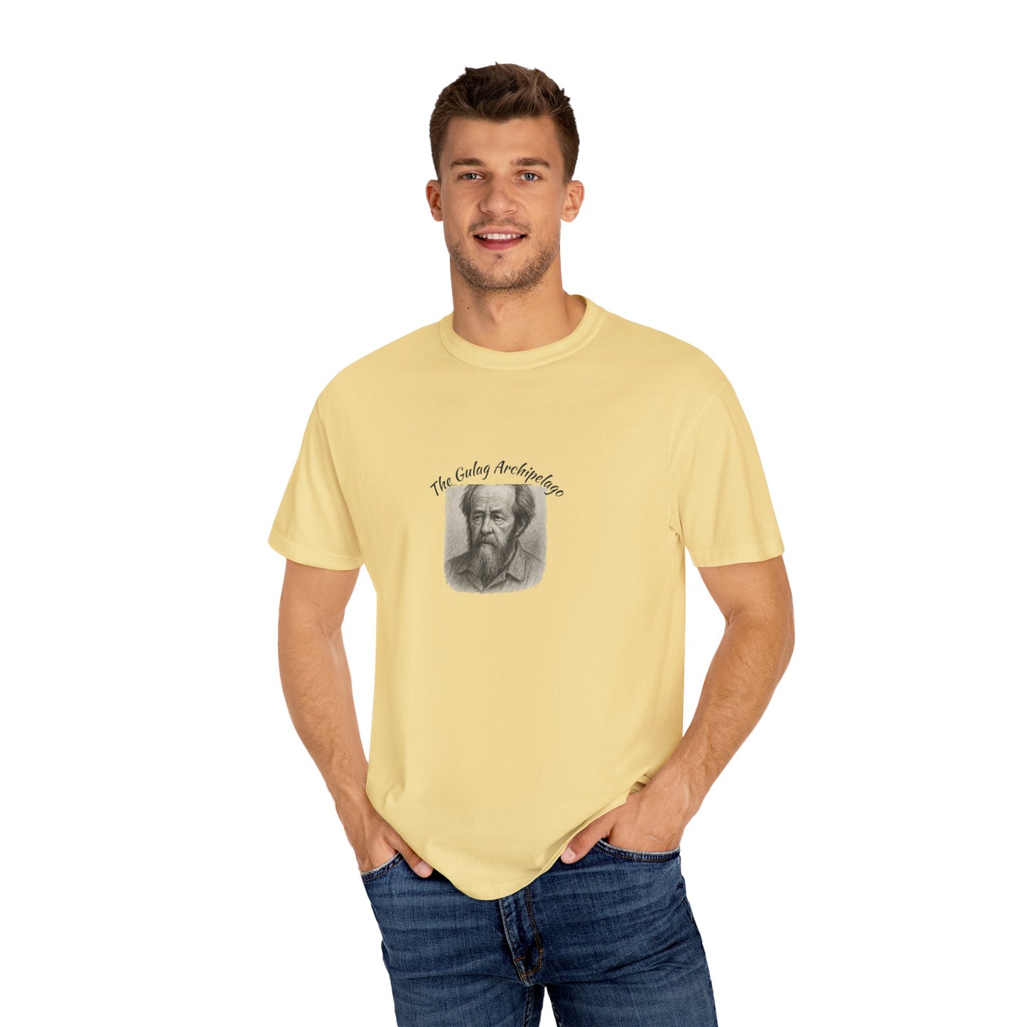 T-Shirt with image of Aleksandr Solzhenitsyn and words Gulag Archipelago on the front.