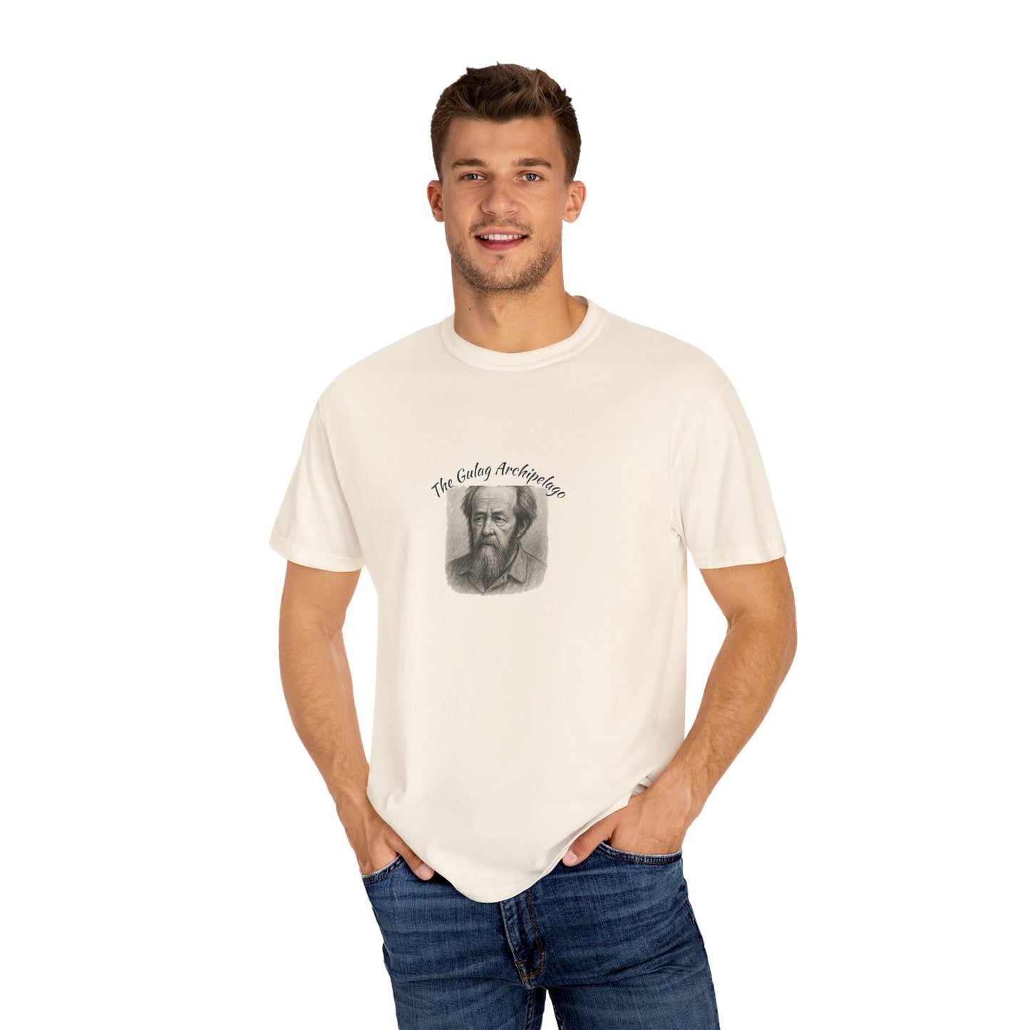T-Shirt with image of Aleksandr Solzhenitsyn and words Gulag Archipelago on the front.