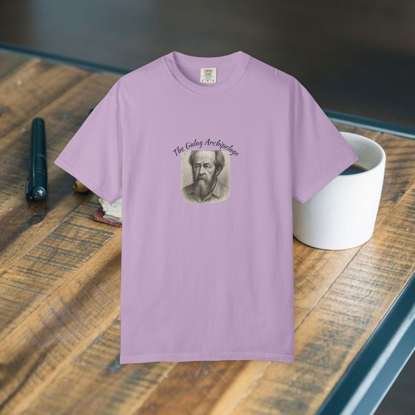 T-Shirt with image of Aleksandr Solzhenitsyn and words Gulag Archipelago on the front.